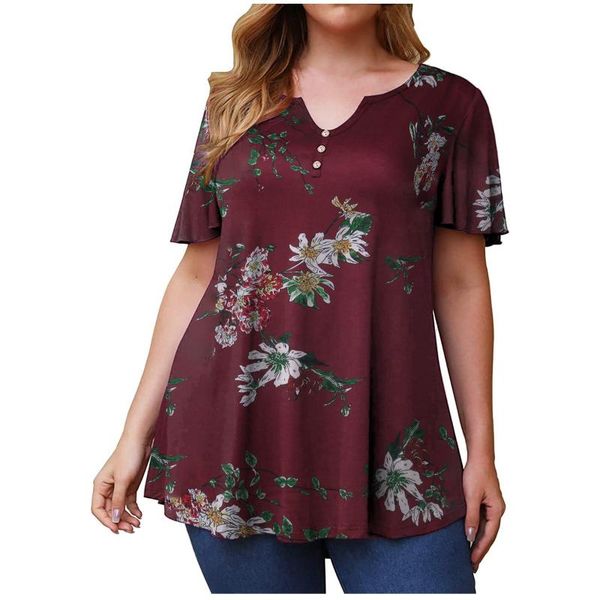 

women's blouses & shirts 5xl plus size red for ladies chiffon clothes women fashion casual v-neck printing short sleeve shirt blouse b, White