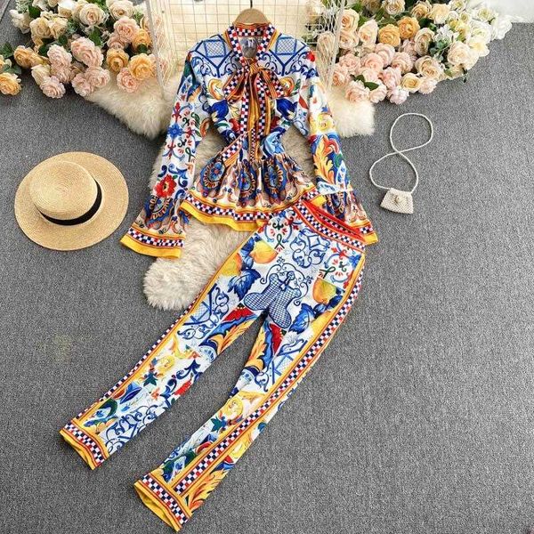 

print runway fashion elegant vintage pant suit ruffle blouse shirt and long pants two piece set women sets women's, White