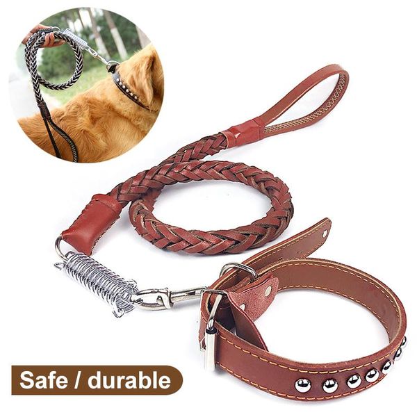 

dog collars leather pet collar and braided leash set for mesium large dogs cow walking leads & leashes