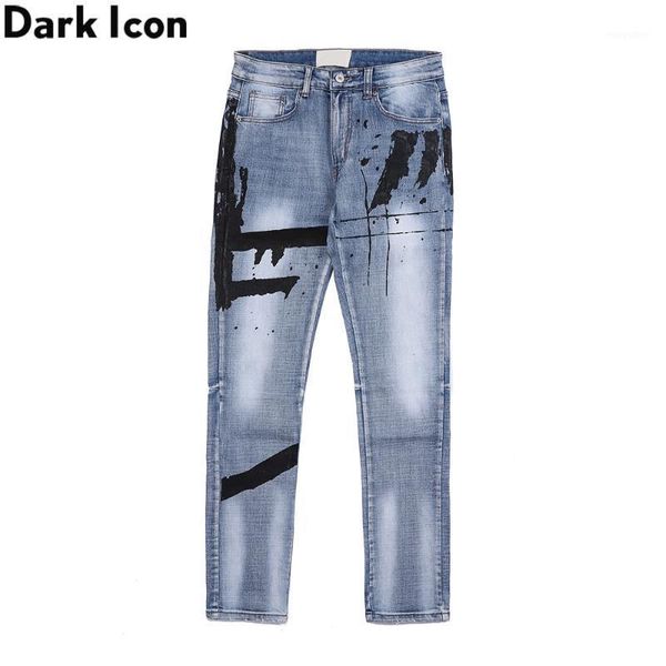 

men's jeans dark printed regular men high street denim pants trousers, Blue