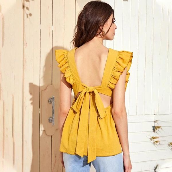 

women's blouses & shirts summer leisure solid yellow white women casual butterfly sleeve polyester square collar high waist backless st