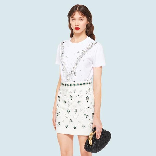 

summer pearl crystal diamond v-shaped short-sleeved t-shirt women's clothing, cotton round neck hand-stitched, White
