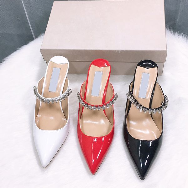 

patent leather dress shoes women pointed toe luxury rhinestone 7cm stiletto heel pumps 3 colors size 35-42, Black