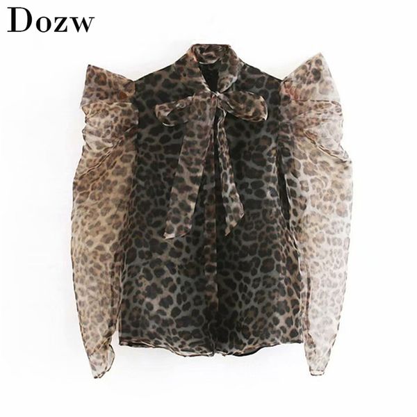 

women vintage leopard print organza blouses fashion bow tie collar puff sleeve blouse shirt chic transparent 210515, White