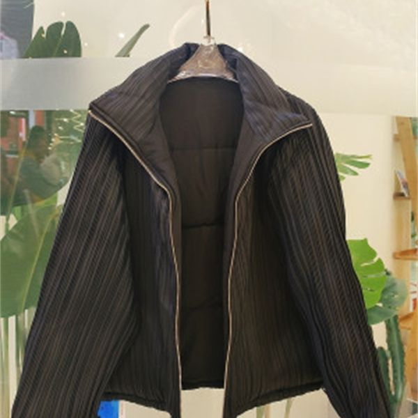 

coats miyake fashion fold stand collar long sleeve zipper cotton clothes, Tan;black