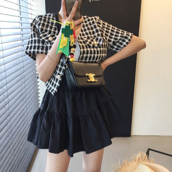 

women's suits & blazers summer short sleeve v-neck small scent tweed waist woolen coat jackets women plaid coats ji86, White;black