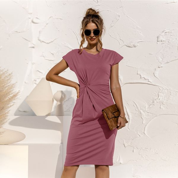 

new short sleeve tie up design skinny dress women summer solid color slim bodycon elegant package hip party black vestidos 210412, Black;gray