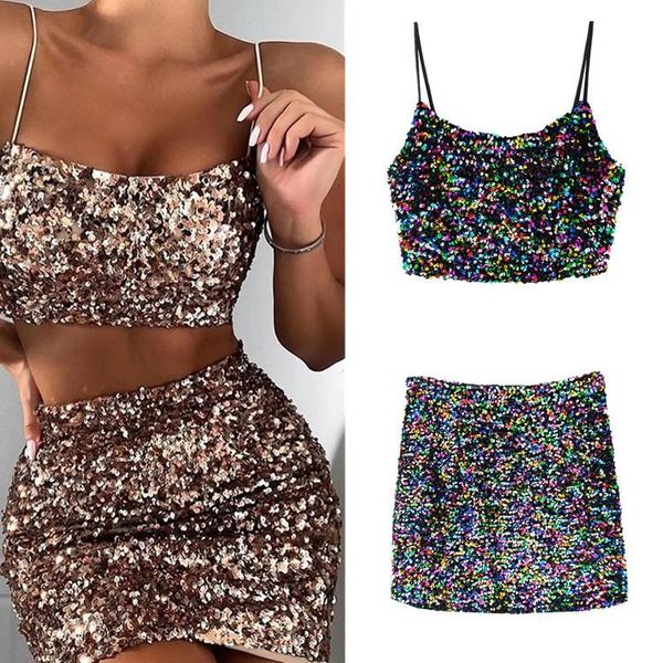

two piece dress vintage out sequins 2 suit women spaghetti strap mini satin, White