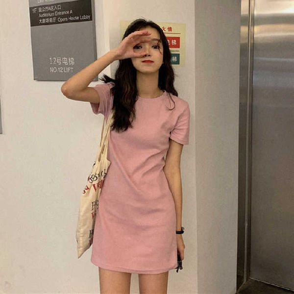 

summer 2021 waist show thin age reducing temperament medium length skirt women's round neck large drs, Black;gray