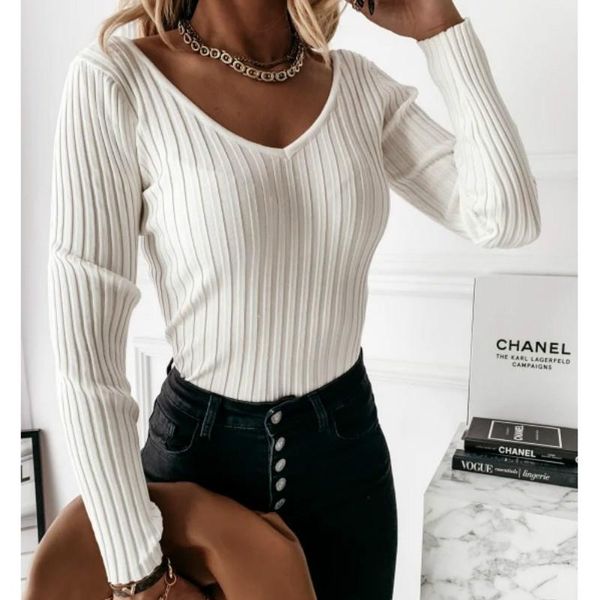 

women's t-shirt women long sleeve v-neck solid autumn 2021 spring fashion casual street outfits pulloveralls, White