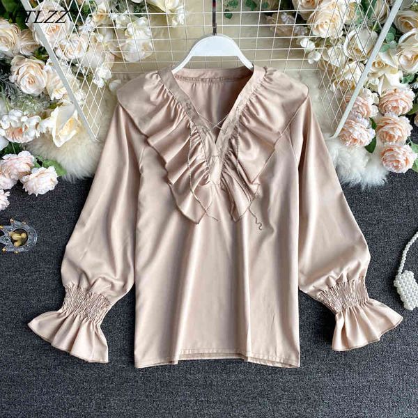

autumn sweet lady ruffled flare sleeve solid shirt office women long 210423, White