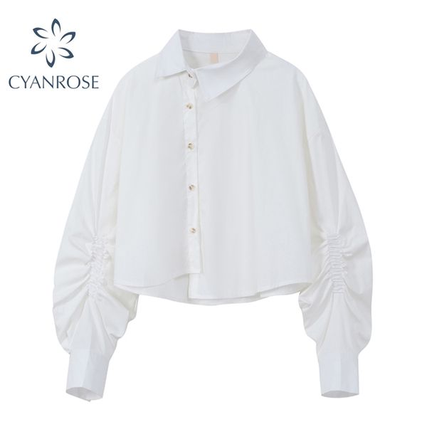 

puff long sleeve cardigan blouses and shirts for ladies irregular lapel loose office casual ins elegant blusas 210430, White