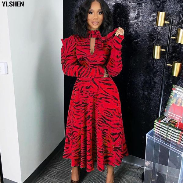 

ethnic clothing vintage zebra print african dresses for women 2021 summer midi dress party long sleeve a-line christmas robe femme vestidos, Red