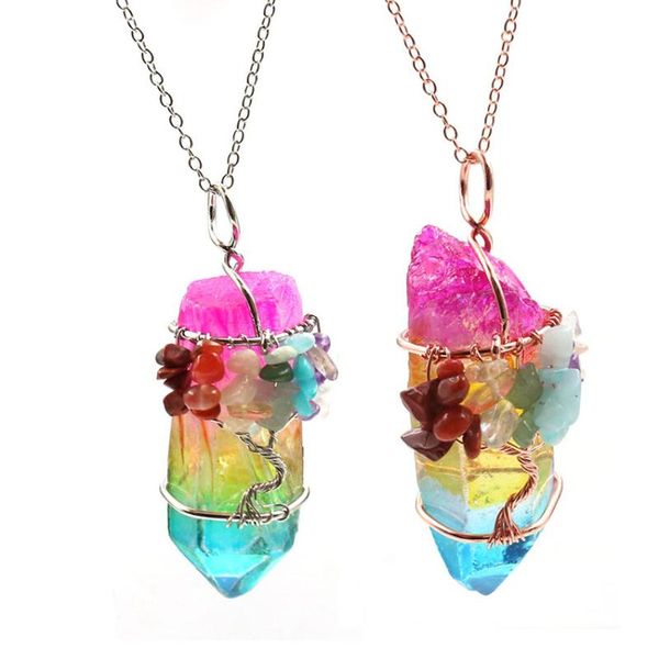 

pendant necklaces xsm wire wrap tree of life electroplated colorful natural irregular crystal chakra chips stones reiki jewelry, Silver