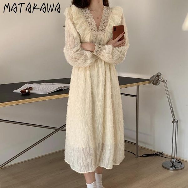 

casual dresses matakawa women french vintage lace patchwork v neck jacquard long sleeve dress solid fluff slim waist vestidos, Black;gray
