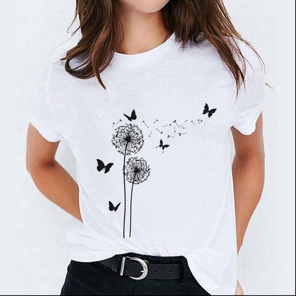 

graphic dandelion plant butterfly women t shirts fashion printing print tee, White