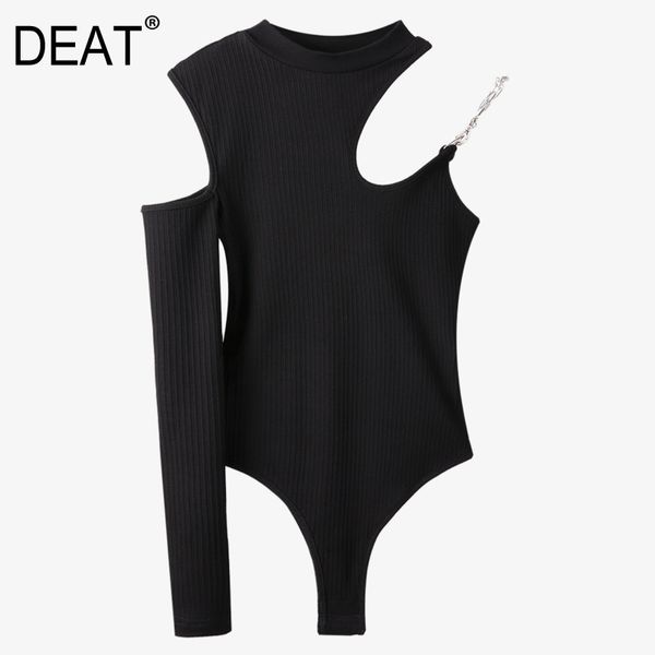 Solid Black Rundhals Unregelmäßige Kette Off Shoulder Single Sleeve Patchwork One Piece Shirt Top Frauen Sommer GX911 210421