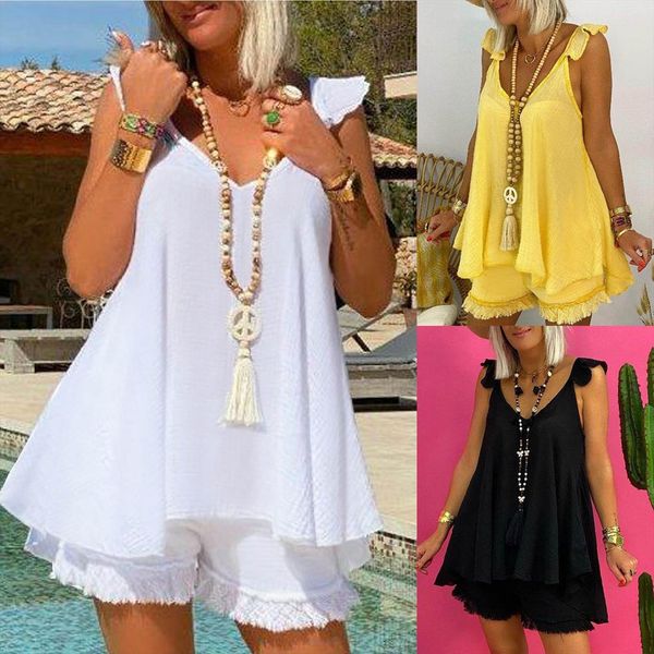 

two piece outfits sets womens tracksuits sleeveless and edge shorts fashion summer loose blouse short r5, Gray