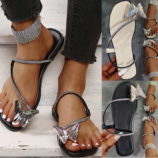 

sandals 2021 women beach slippers shoes woman flip flops female rhinestone sildes butterfly summer outdoor flats d4, Black