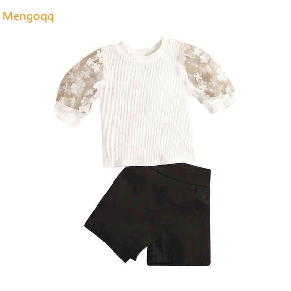 

young children girls summer short sleeve flower lace t-shirts solid shorts pants kids baby fashion clothing set 2pcs 2-8y g220217, White