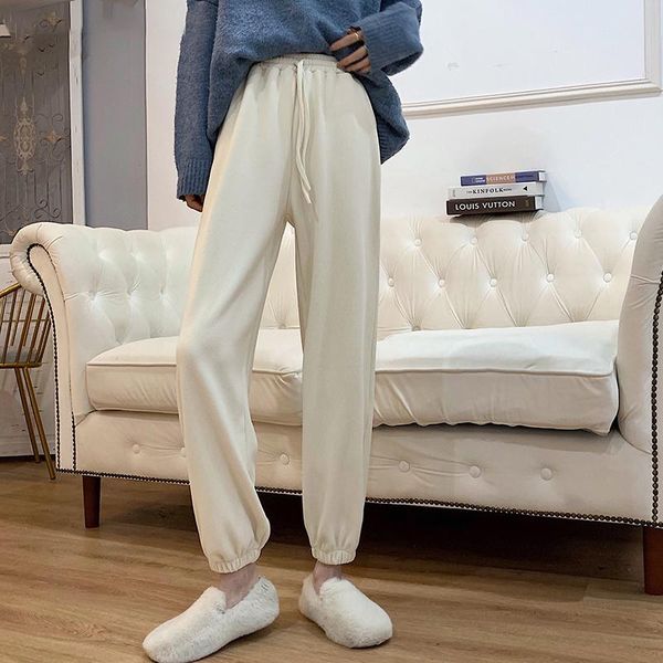 

high waist women loose straight casual pants pocket lace-up elastic streetwear trouser plus size women's & capris, Black;white