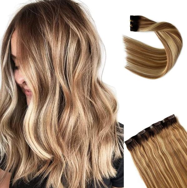 

human hair bulks seamless extensions clip in ombre brown highlight real remy one piece skin weft on, Black