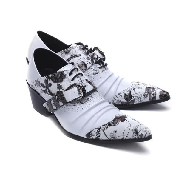 

dress shoes white print leather wedding men high heel pointed toe fashion buckle height increase men's leisure party, Black