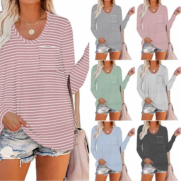 

shirts 2021 autumn and winter new european american women's selling long sleeve round neck pocket stripe t-shirt, White