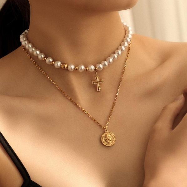 

pendant necklaces fashion individuality titanium steel material retro pearl double layered pendants necklace, Silver