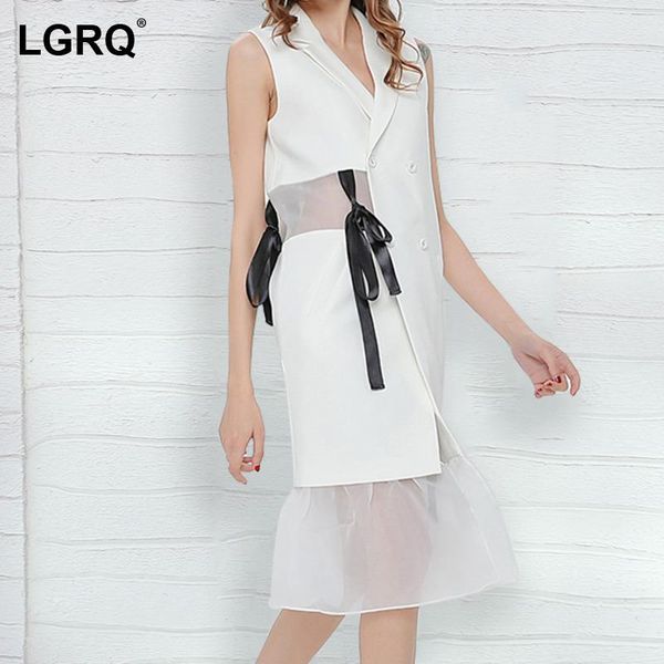 

women's vests [lgrq] women loose fit white mesh patchwork bandage vest turn down collar sleeveless fashion tide spring autumn 2021 19d2, Black;white