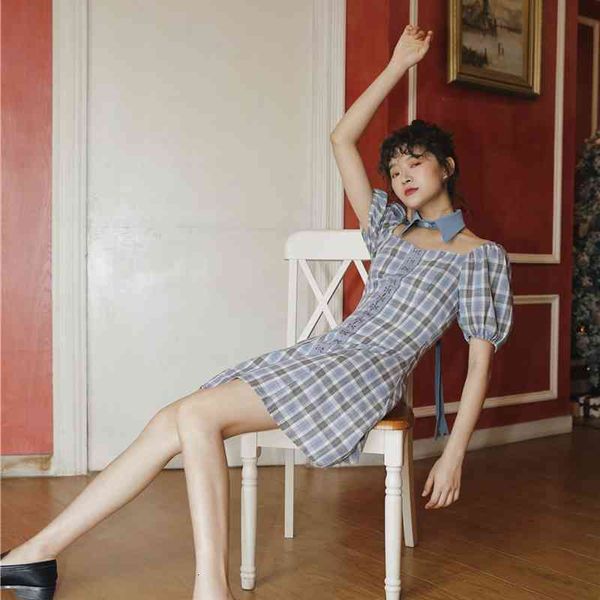 

casual dresses vintage plaid puff sleeve backless tunic summer short a line square neck ladies mini open back erfm, Black;gray