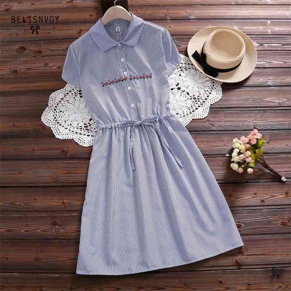 Sommer niedliche Mini-Kleider gestreiften String Casual vestidos de Festa Baumwolle Leinen Kurzarm Blumenstickerei Mori Mädchen Kleid 210520