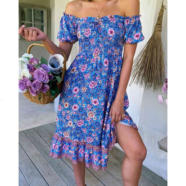 

casual dresses off the shoulder midi dress women smocked bodice puff sleeve boho floral print summer female vestidos b8jn, Black;gray