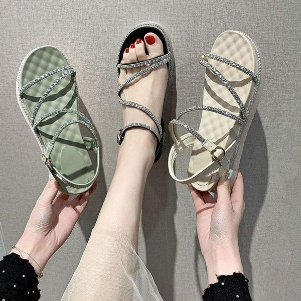 

low sandals woman leather female shoe 2021 summer buckle strap all-match clear heels low-heeled girls beige gladiator rhinestone, Black