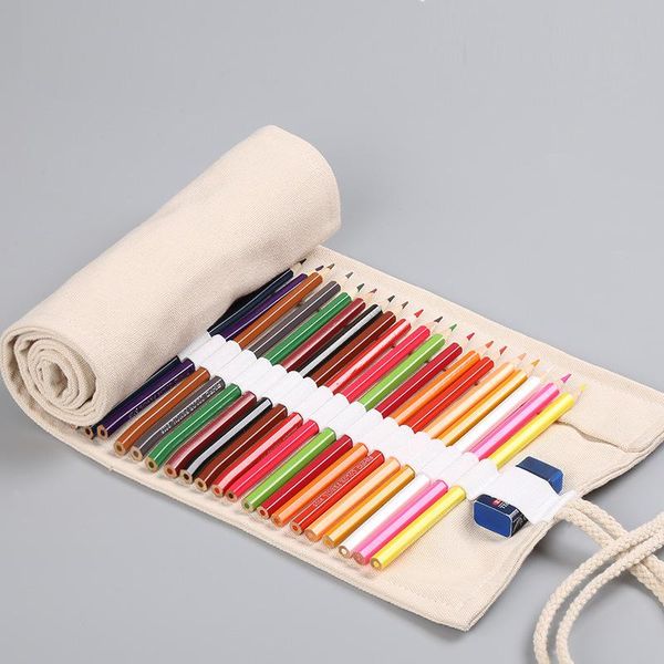 

pencil bags 12/24/36/48/72 roll school case solid color canvas pen bag for girls boys large pencilcase pencils box art stationery