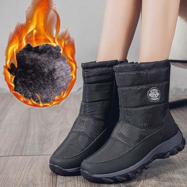 

boots women snow shoes zipper women's winter ankle warm for warterproof plush woman black large size