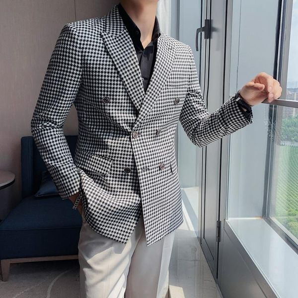 

men's suits & blazers british style all match slim fit houndstooth blazer men clothing 2021 simple double breasted business office suit, White;black