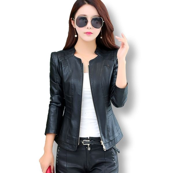 

women's jackets spring autumn short leather coat women korean fashion stand-up collar slim motorcycle jacket female plus size clot, Black;brown