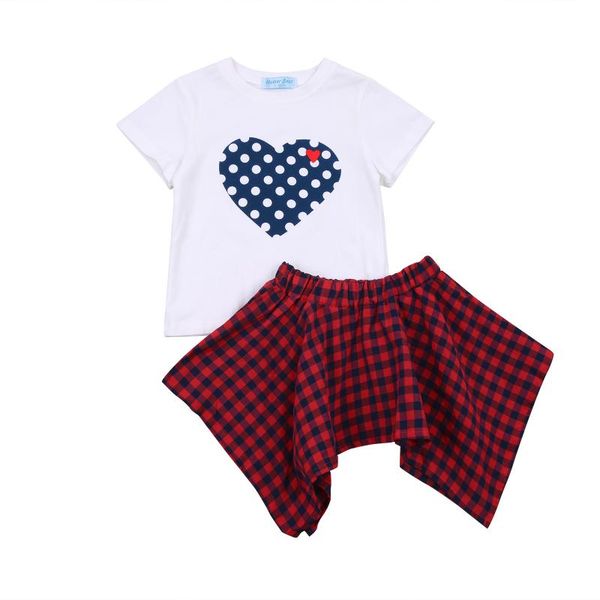 

clothing sets 2021 fashion girl two piece suit summer polka dot heart short-sleeved round neck t-shirt and plaid irregular short skirt set, White
