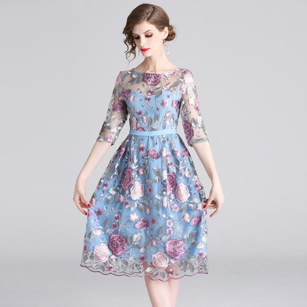 

women summer luxury flower embroidery mesh slim dress female elegant designer party robe big swing vestidos casual dresses, Black;gray