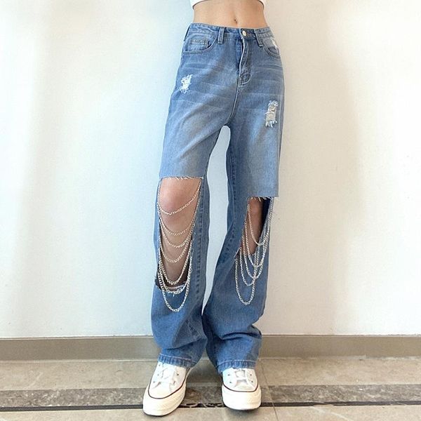 

waatfaak blue jeans loose pockets high waist hollow out chain baggy casual harajuku y2k aesthetic 90s style denim pants woman women's