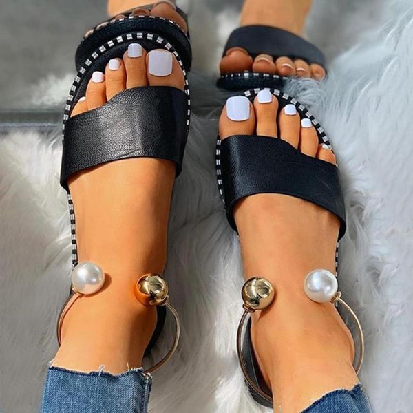 

sandals 2021 women fashion solid round toe pearl buckle causal shoes summer outdoor non-slip flip flop, Black