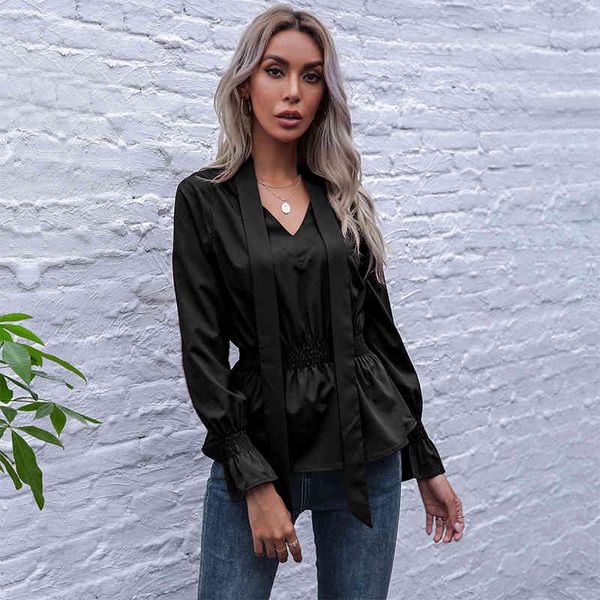 

new summer women's solid color scarf collar pullover elastic horn long sleeve shirt blouses ladies casual all match 210413, White