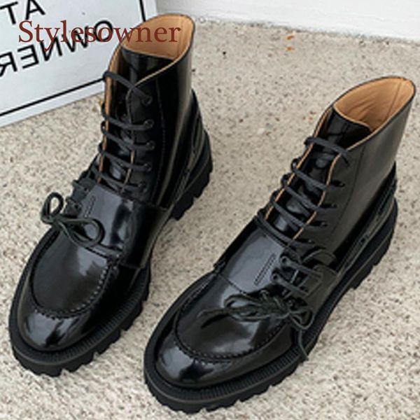 

boots handsome fashion patent leather round toe all-match butterfly-knot genuine lace-up flat short woman, Black