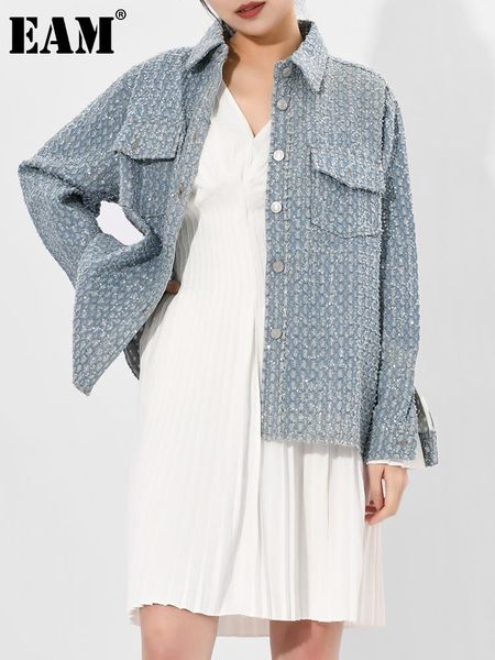 

women's jackets [eam] loose fit hollow out blue denim big size jacket lapel long sleeve women coat fashion tide spring autumn 2021 1de0, Black;brown