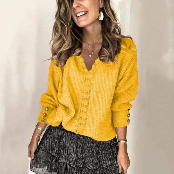 

women's sweaters 2021 autumn and winter style lace v-neck pullover foreign trade european american women loose solid color sweater, White;black