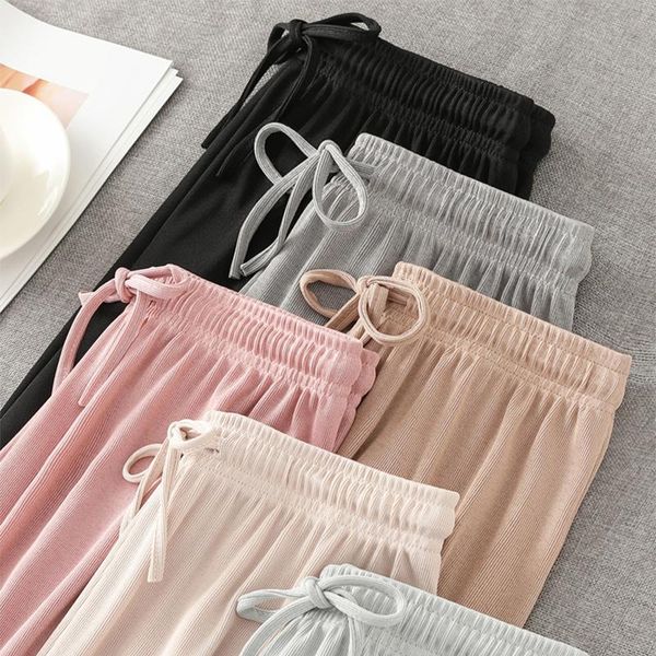 

women's pants & capris slacks loose summer soft ice silk ankle-length black wide leg grey khaki women high waisted trousers, Black;white