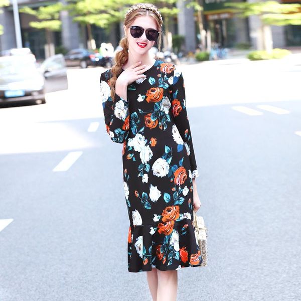 

casual dresses autumn woman dress long sleeve 2021 fashion runway fishtail elegant rose floral printed vintage black mermaid, Black;gray