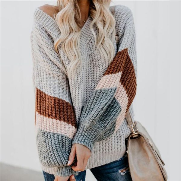 

women's sweaters neck plus jumper sweater 2021 winter patchwork loose lantern sleeve streetwear stripe female pullover, White;black