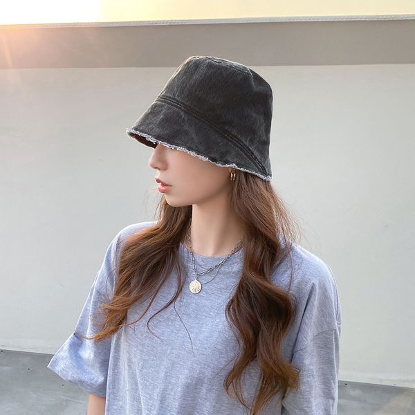

2021 spring and summer new wash rough edge old denim versatile fisherman's female face small bucket sunshade hat